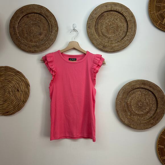 J. Crew Pink Ribbed Vintage Rib Ruffle Sleeve Shirt Small Preppy Summer Feminine - Picture 2 of 7